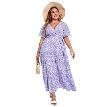 Imagem de KOJOOIN Vestido longo feminino plus size com decote em V, cintura alta, babados, manga curta, vestido casual de verão com cinto, Flor roxa, 3G