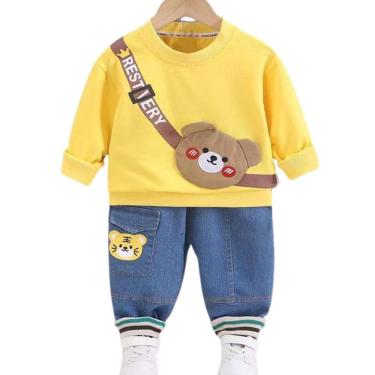 Imagem de Conjunto Roupa Moletom Infantil Urso Jeans Menino Festa