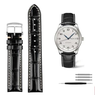 Imagem de waillynice Pulseira de relógio de couro genuíno para Longines L2 L3 L4 Masters Collection pulseira de couro bovino 19 mm 20 mm 21 mm (fecho de pino preto)