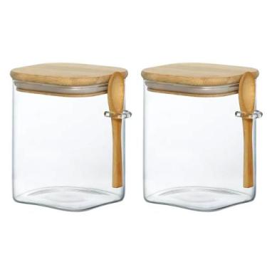 Imagem de Kit 2 Porta Condimentos Vidro E Bambu Com Colher 1200ml - Ravi Present
