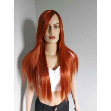 Imagem de Peruca wig ruiva ruivo alaranjado 70cm franja discreta fibra premium -