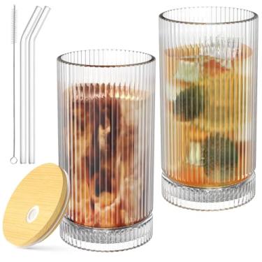 Imagem de Copos de vidro de 425 g com tampa e canudo, xícaras de café gelado com tampa, vidro canelado vintage para uísque e cerveja coquetel (pacote com 2)