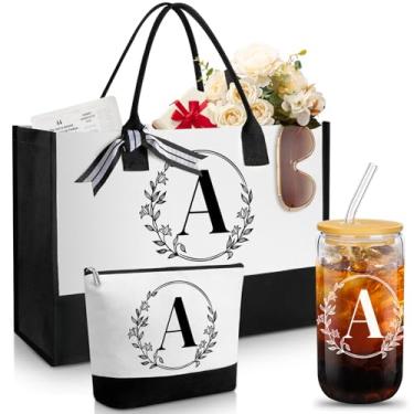 Imagem de Aliceset Presentes iniciais para mulheres, sacola de lona inicial e bolsa de maquiagem personalizada com copos de vidro de 473 ml com tampas e canudos, monograma, pote de bebida, monograma, presentes