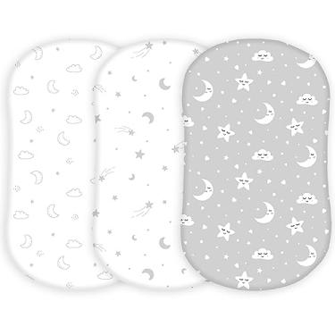 Imagem de TansyPanda Bassinet Sheets for Halo Bassinest Swivel, Flex, Glide, Premiere and Luxe Series Sleeper, Pack of 3, 33 X 17 Inch, Ultra Soft, Snug Fit, Unisex Boys Girls, Gray White (Moon, Stars, Clouds)