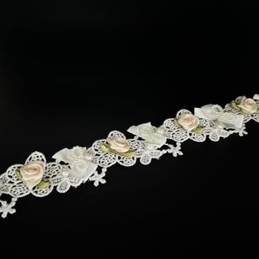 Imagem de 1 jarda vintage pérolas contas flores acabamento borda de renda apliques florais tecido renda bordado artesanato para casamento vestido de noiva roupas fantasia chapéu decoração (branco, 1 jarda)