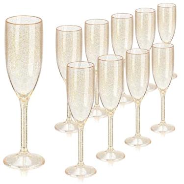 Imagem de XUWAIDSGN 10 peças taças de champanhe taças de vinho de plástico vintage taças de champanhe mimosa taças de bar com haste 153 g para Natal, aniversário, casamento, noiva (10, glitter dourado