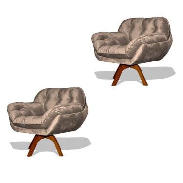 Imagem de Kit 02 Poltrona Miami Base Giratória Decorativa Suede Bege - Hellen De