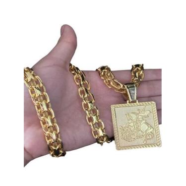Imagem de Cordão Cadeado Duplo 13mm + Pingente São Jorge - Banhado A Ouro - ToJo