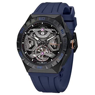 Imagem de TSAR BOMBA Relógio masculino mecânico, relógio de esqueleto automático, relógio de pulso impermeável 100 m, mostrador analógico, relógio de relógio com mostrador octógono, luxuoso, relógio com pulseira de borracha FKM, Azul - 01