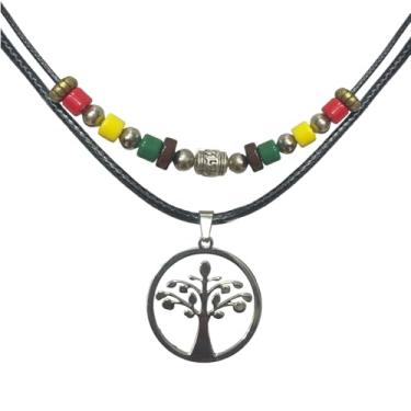 Imagem de Colar com pingente de árvore da vida celta de camadas duplas com contas de madeira com cordão preto ajustável masculino feminino rasta hippie cânhamo havaiano, Aço inoxidável, Sem Pedra Preciosa