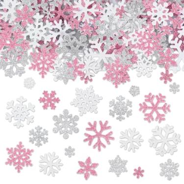 Imagem de Whaline 500 peças de adesivos de espuma de glitter de Natal, decalques de floco de neve, adesivos autoadesivos rosa e prata para inverno, Natal, artesanato, artesanato, cartões de felicitações, casa,