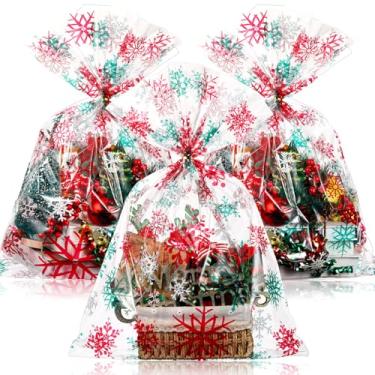 Imagem de Cholemy 30 sacos de cesta de presente de floco de neve de Natal 50 cm x 70 cm flocos de neve verdes vermelhos grandes sacos de brindes de celofane Feliz Natal sacos plásticos transparentes com laços