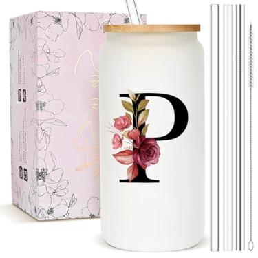 Imagem de Presentes personalizados para mulheres, copo de vidro fosco monograma com canudo e tampa, caneca personalizada fofa, copos de café gelado com inicial personalizada, copo de bebida personalizável,