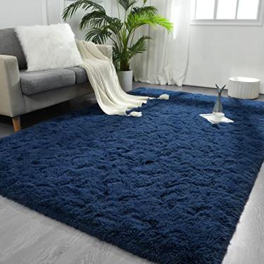 Imagem de FlyDOIT Tapetes de área grande para sala de estar, tapete felpudo azul marinho de 10 x 15 cm, tapetes felpudos de pelúcia ultra macios modernos para ambientes internos para quarto, meninas, berçário, dormitório, decoração de casa