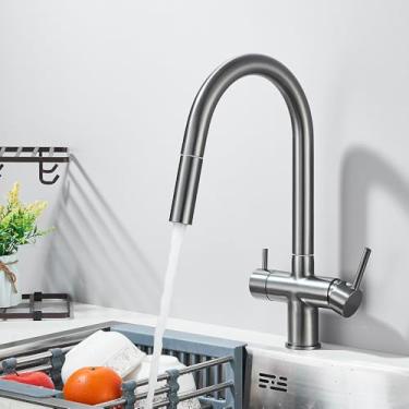 Imagem de Torneira de cozinha de purificação cinza, tubo flexível, alça dupla, misturador de água fria e quente, torneira com filtro de água potável pura, cinza