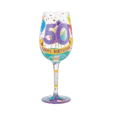 Imagem de Enesco Designs by Lolita Happy 50th Birthday Taça de vinho artesanal pintada à mão, 425 g, multicolorido