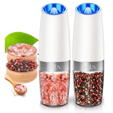 Imagem de Rongyuxuan Conjunto de moedor de sal e pimenta por gravidade, moedor de pimenta com rotor de cerâmica, recipiente de acrílico, meio de aço inoxidável, luz LED azul, alimentado por bateria, grossura