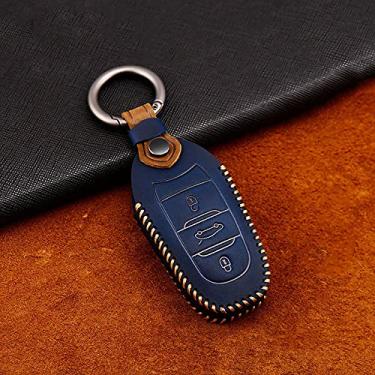 Imagem de CSHU Couro Car Key Case Cover Keychain Ring Key Bag, apto para Peugeot 301 208 3008 5008 408 2008 308 508 2013 2014 2015 2016 2017 2018 2019, Azul