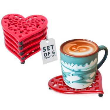 Imagem de Comfify Conjunto de 6 Pequenos Trivets de Ferro Fundido Em Forma de Coração, Design Vintage para Bancada de Cozinha e Mesa de Jantar, Metal Decorativo Reciclado com Pés de Borracha (, Vermelho)