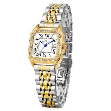 Imagem de FORSINING Relógios femininos quadrados clássicos com detalhes de cristal e aço inoxidável, numerais romanos, relógio social casual feminino, ouro-prata