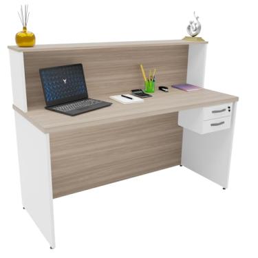 Imagem de Balcão Atendimento Recepção Consultório 1400x600 Com Gaveteiro NetMobil (Carvalho/Branco)