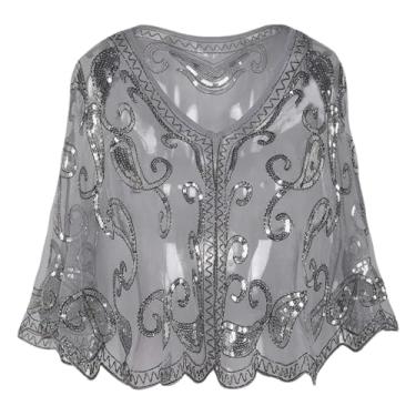 Imagem de Xale feminino com contas estilo poncho para noite, poncho de ombros Gatsby, capa para festa, 409-05, One Size