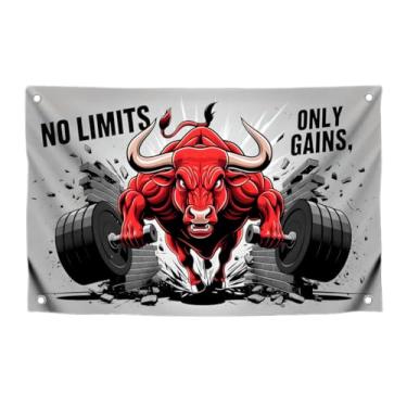 Imagem de Bandeira de motivação Red Bull de 9,5 x 1,5 m "No Limits, Only Gains" com quatro argolas de latão - Banner de poliéster para jardim de animais ao ar livre ou interno - Banner com citações inspiradoras