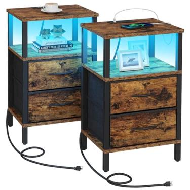 Imagem de TUTOTAK Mesa Lateral Led Com Estação De Carregamento, Mesa De Cabeceira Com Gaveta Para Tecido, Mesa Lateral Com Tomadas, Conjunto De 2, Mesa De Sofá, Marrom Tb01Bb068