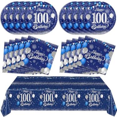 Imagem de SNIMICS Decorações Azuis De 100º Aniversário Para Homens, Azul Marinho, Prata, Feliz 100º Aniversário, Conjunto De Talheres, Inclui Pratos De Aniversário, Guardanapos, Toalha De Mesa Para 100º Anive