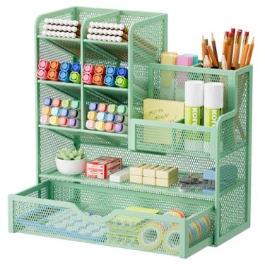 Imagem de Marbrasse Suporte de caneta de malha para mesa, organizador de lápis multifuncional com gaveta, organizadores de mesa e acessórios para materiais de arte de escritório (verde)