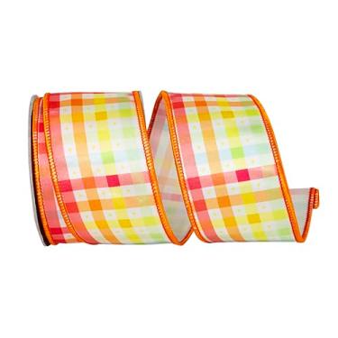 Imagem de Reliant Ribbon Fita xadrez pastel multicolorida de luxo com fio, tangerina