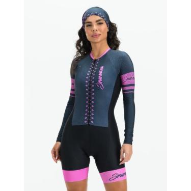 Imagem de Macaquinho Ciclismo Feminino - Forro em Gel - Manga Longa Cinza e Rosa