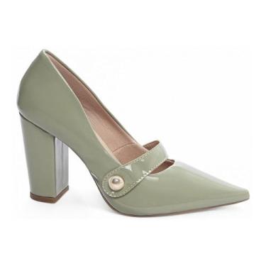 Imagem de Sapato Scarpin Verniz Salto Alto Grosso 9 cm Verde Luxo Azul Elegante 