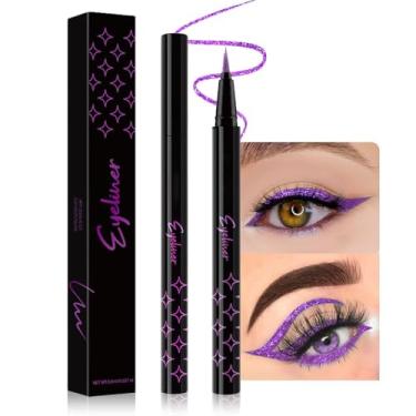 Imagem de evpct 1 conjunto de lápis de maquiagem para olhos com glitter roxo brilhante diamante brilhante delineador líquido para os olhos, caneta delineadora colorida brilhante à prova d'água à prova de
