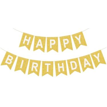 Imagem de Faixa dourada de feliz aniversário, guirlanda de sinal de feliz aniversário de feltro pré-amarrada, decorações de festa douradas para mulheres e homens