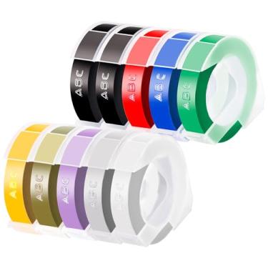 Imagem de Pacote com 10 etiquetas em relevo 3D compatíveis com DYmo Lable Maker, plástico de 9,5 cm, branco em preto/prata/transparente/ouro/amarelo/vermelho/azul/verde/roxo, compatível com o fabricante de