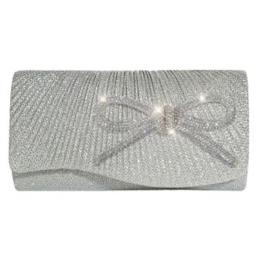 Imagem de Jusavie Bolsa clutch com laço de strass feminina chique brilhante para noite bolsa clutch com corrente para festa de formatura e casamento, Prata, Small