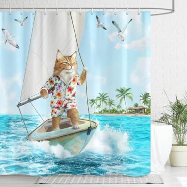 Imagem de Dazzlewall Cortina de chuveiro de gato engraçada, gato surfando em barco náutico azul oceano gaivota infantil cortina de banheiro tecido impermeável com 12 ganchos 183 x 182 cm