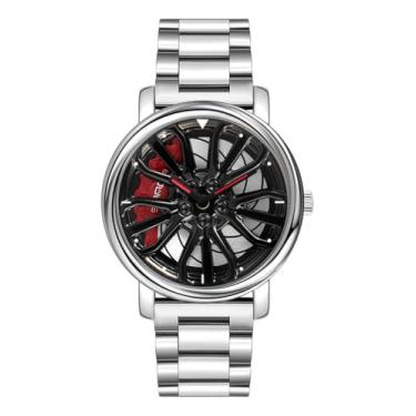 Imagem de Relógio de pulso masculino criativo 3D giratório com roda de carro, design de cubo de aro, moderno, quartzo, elegante, com pulseira de aço inoxidável, presentes para entusiastas de carros, Prata