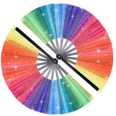 Imagem de MOUNTCLIM 2 Pçs Grande Arco-íris Leque de Mão Glitter, Fãs de Orgulho Grandes Dobráveis Fãs de Mão Rave Fã de Mão Gay LGBTQ Coisas para Orgulho Mês Desfile Dança Apresentação Arrastar Casamentos