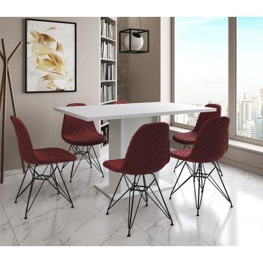 Imagem de Mesa Jantar Londres Retangular Branca 137X90 6 Cadeiras Estofadas Vermelho Ferro Preto