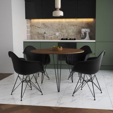 Imagem de Mesa Jantar Redonda 110Cm Amêndoa Clips 3 Pés Com 4 Poltronas Pretas Ferro Preto Marrom