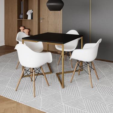 Imagem de Mesa Jantar Industrial Quadrada 90Cm Preta Base V Dourada Com 4 Poltronas Daw Madeira B...