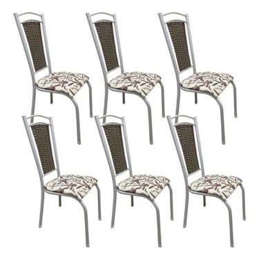 Imagem de Kit 6 Cadeiras Cozinha Aço Tubolar Confortável Jantar Bege e Branco Tecido Floral