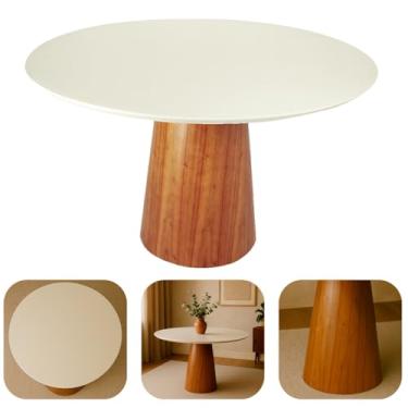 Imagem de Mesa de Jantar Redonda Laqueada Tampo com Vidro Temperado Base Cone com Acabamento Amadeirado Laminado Mel (110 CM)