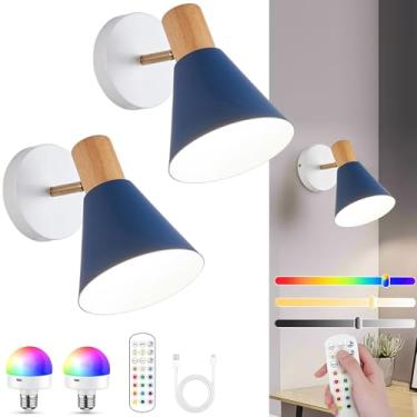 Imagem de Vechoicy Conjunto De 2 Arandelas Parede Operadas Por Bateria, Luminária Sem Fio Ajustável, Com Controle Remoto E Lâmpadas Recarregáveis Reguláveis Para Quarto Sala Estar (Azul)