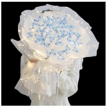 Imagem de Aiouclay Flores Artificiais, Kit De Artesanato Com Faça Você Mesmo, 33 Buquês Borboletas Luzes Led, Presentes Florais Para Iniciantes Ou Festa Aniversário Casamento (Branco)