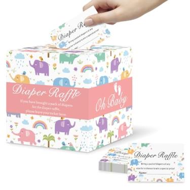 Imagem de Caixa de sorteio de fraldas para jogos de chá de bebê, 50 bilhetes de sorteio de fraldas, placa de sorteio, prêmios de sorteio, papelão grosso