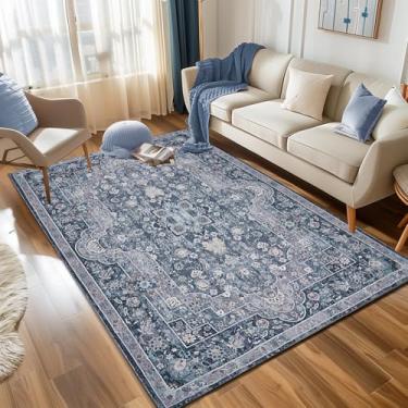 Imagem de Petmolico Tapetes de área para sala de estar, tapetes laváveis falsos 12 x 18 cm para quartos, tapete vintage dobrável para cozinha, tapete fino com destaque, azul escuro