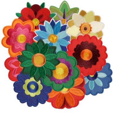 Imagem de 16 peças de flores coloridas bordadas, ferro a costurar, emblema, mandala, patchwork, aplique de costura, acessório de decoração DIY para jeans, roupas, camisetas, mochilas, colete, chapéus, vestido